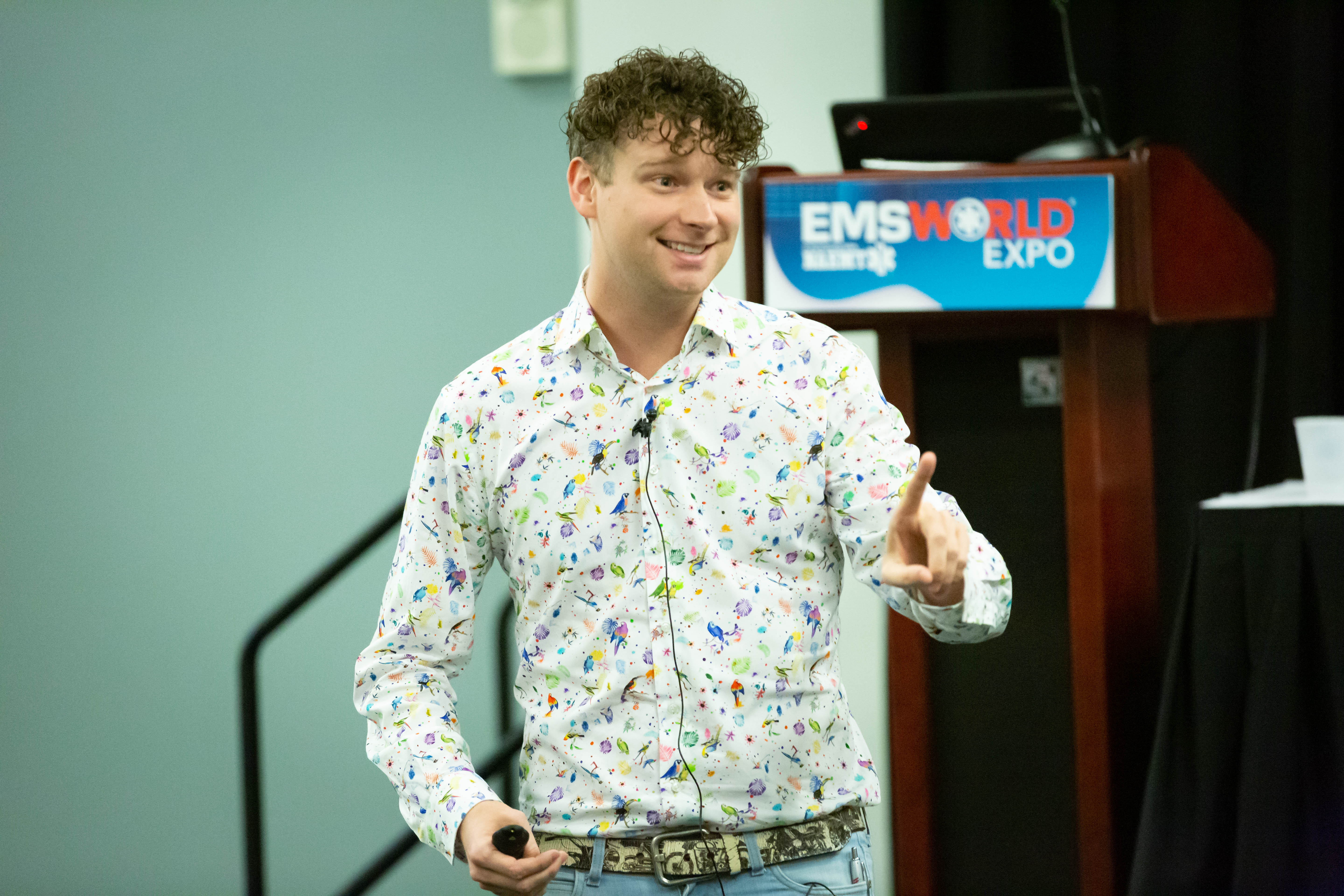 A man with a grounded appearance is training attendees at the "EMS World Expo" held in November 2023 in New Orleans, Louis...