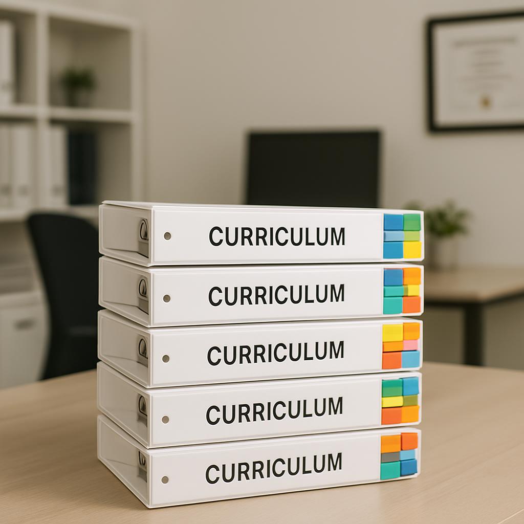 A stack of five white binders labeled with "CURRICULUM" in black letters, each adorned with multicolored tabs, sitting on ...