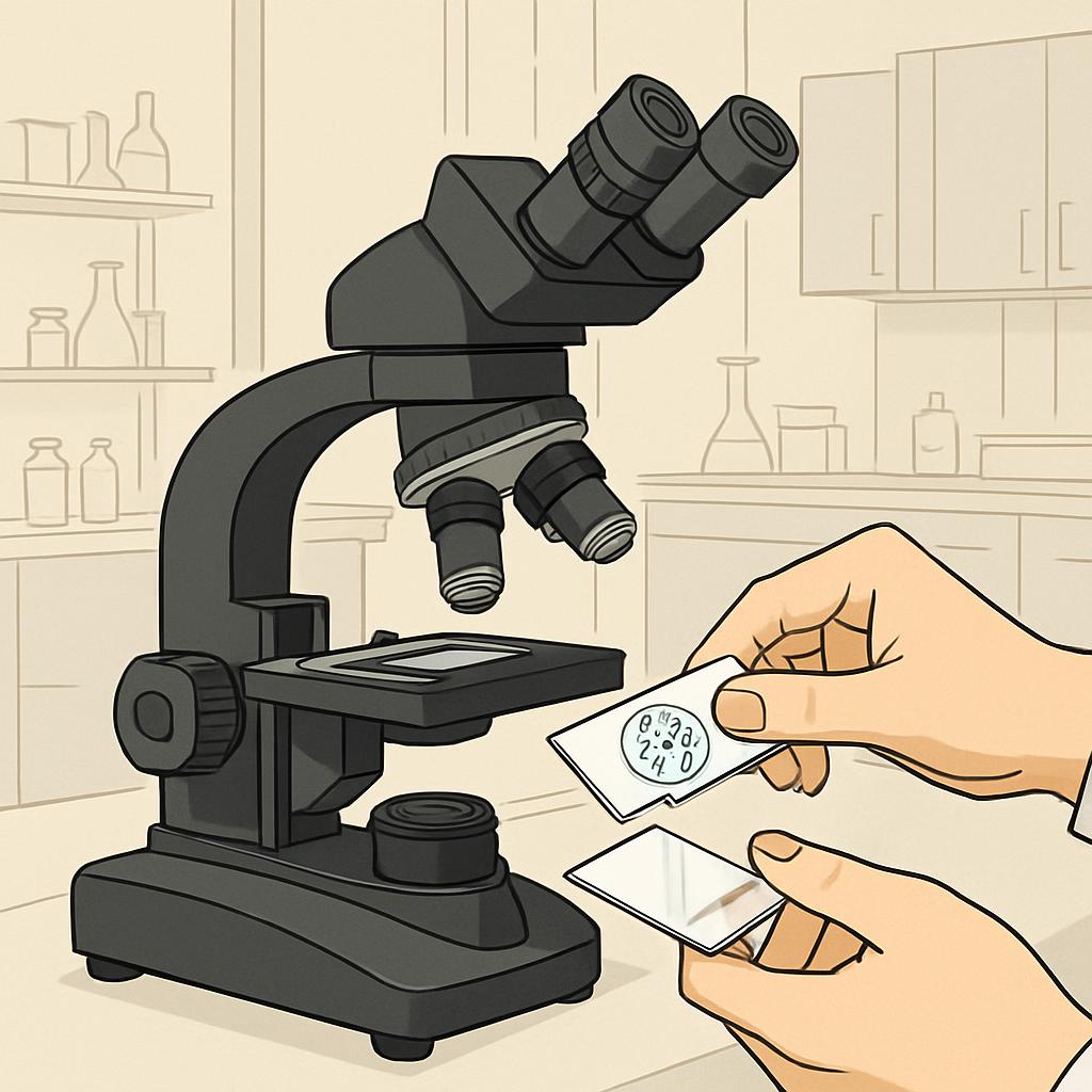 A pair of hands holds a slide labeled "CH20" under a microscope, situated in a science lab setting where shelves and cabin...