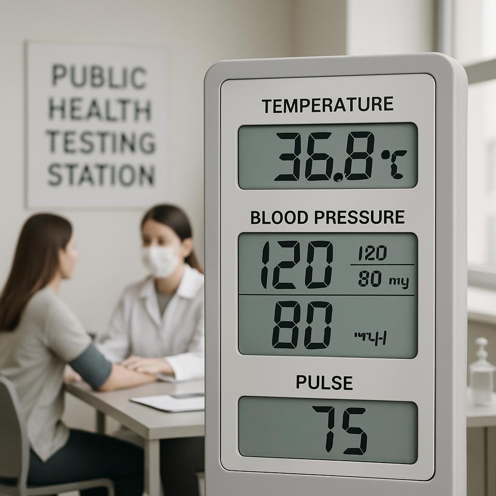 Medical clinic setting, temperature display device, doctor and patient.