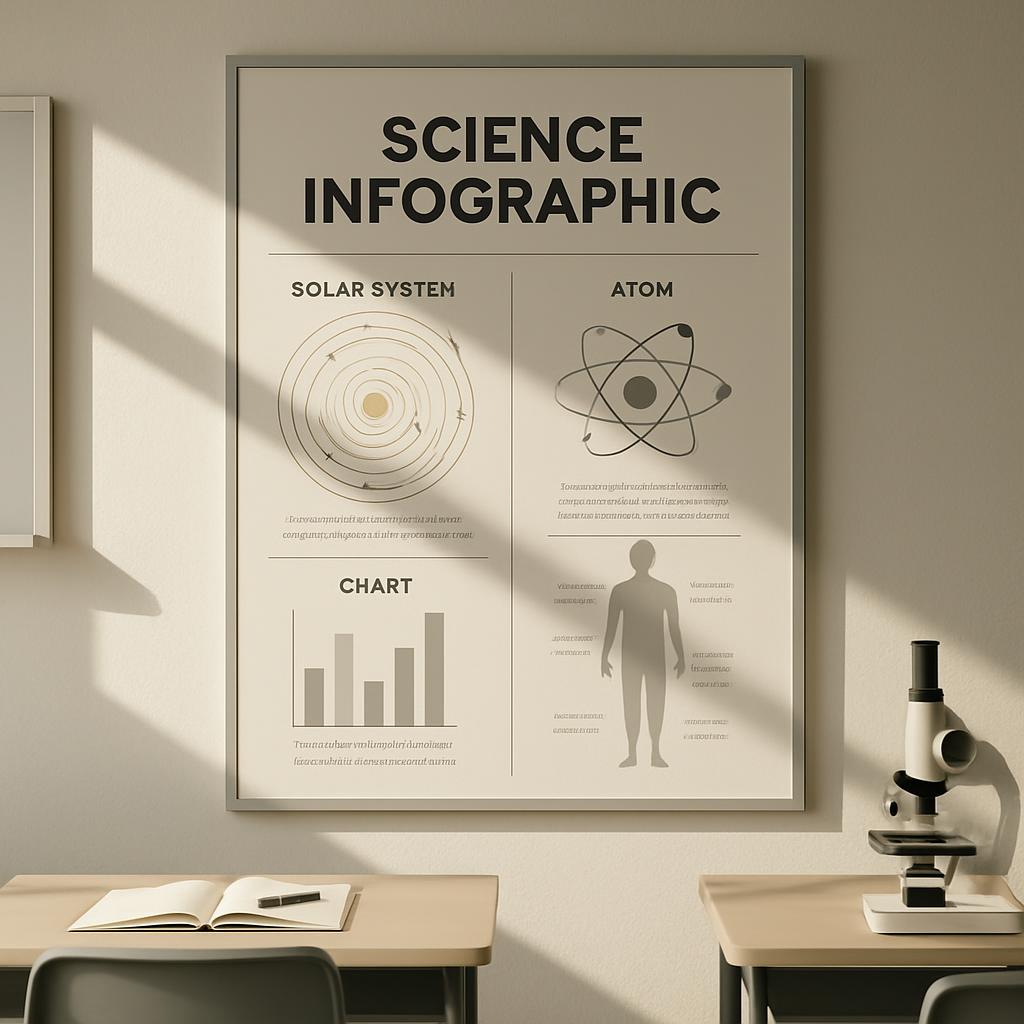 A light-furnished room with a white wall, featuring a large beige sign labeled "Science Infographic" that displays various...