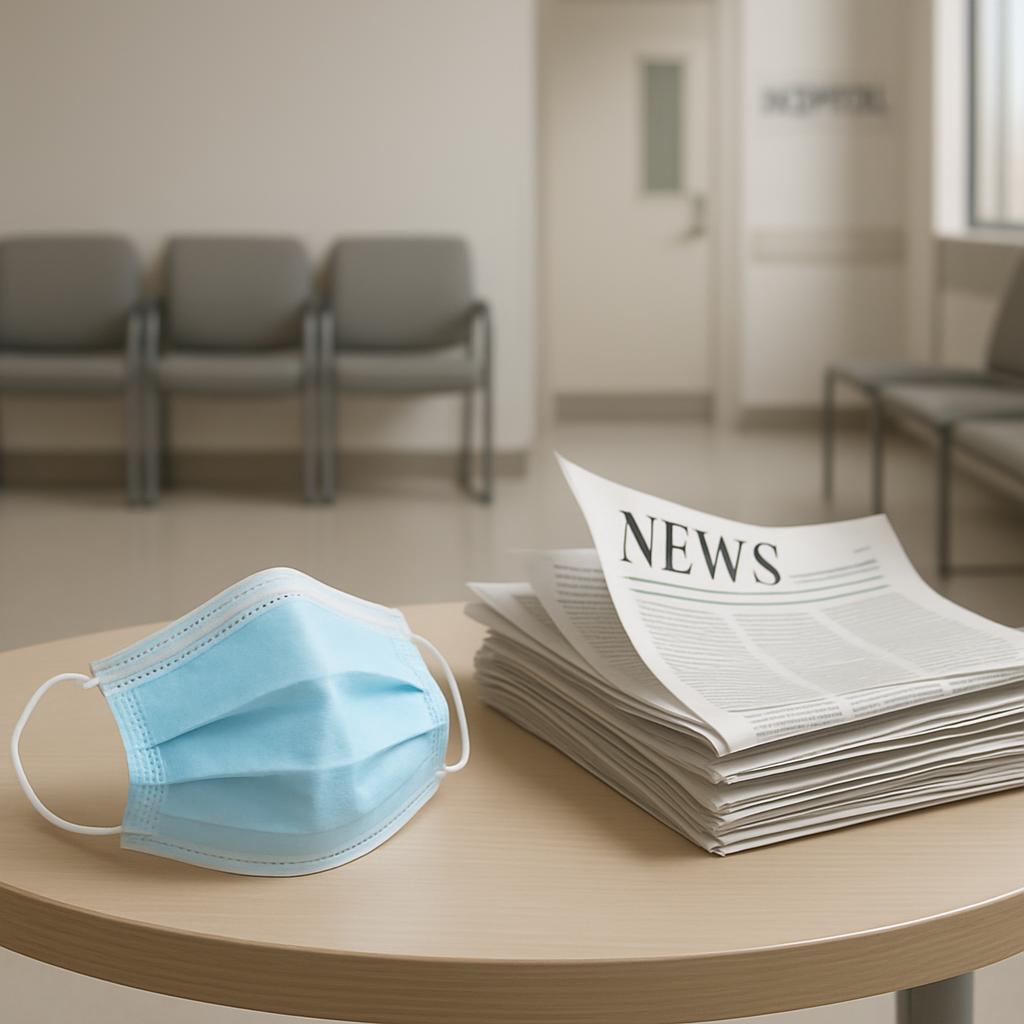 A stack of newspapers and a light blue surgical mask on a table near a hospital waiting room.